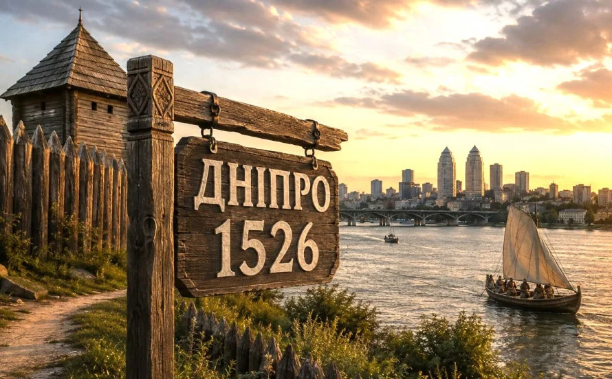 Дерев’яна фортеця з вивіскою Дніпро 1526, річка з вітрильником і сучасне місто